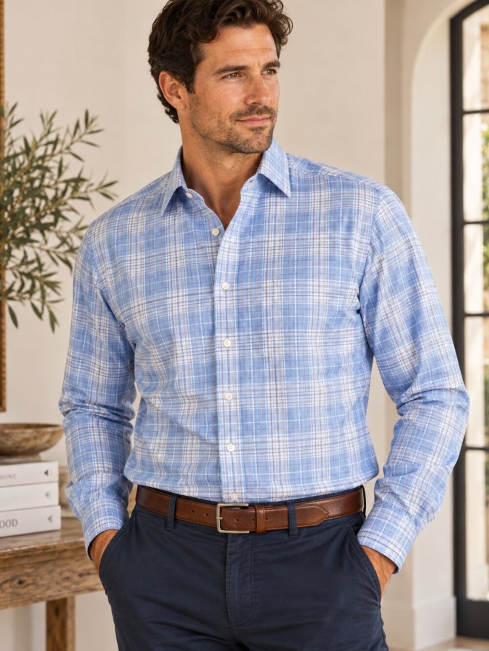 Bugatchi Uomo Shirt Men M Blue White Plaid Classic Fit Button Up Business Casual